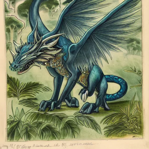 Prompt: A green and blue dragon with an elegant and long body and wolf like face, fur on its body and long leathery wings, sitting on a clearing in a flowery, jungle, detailed, mtg