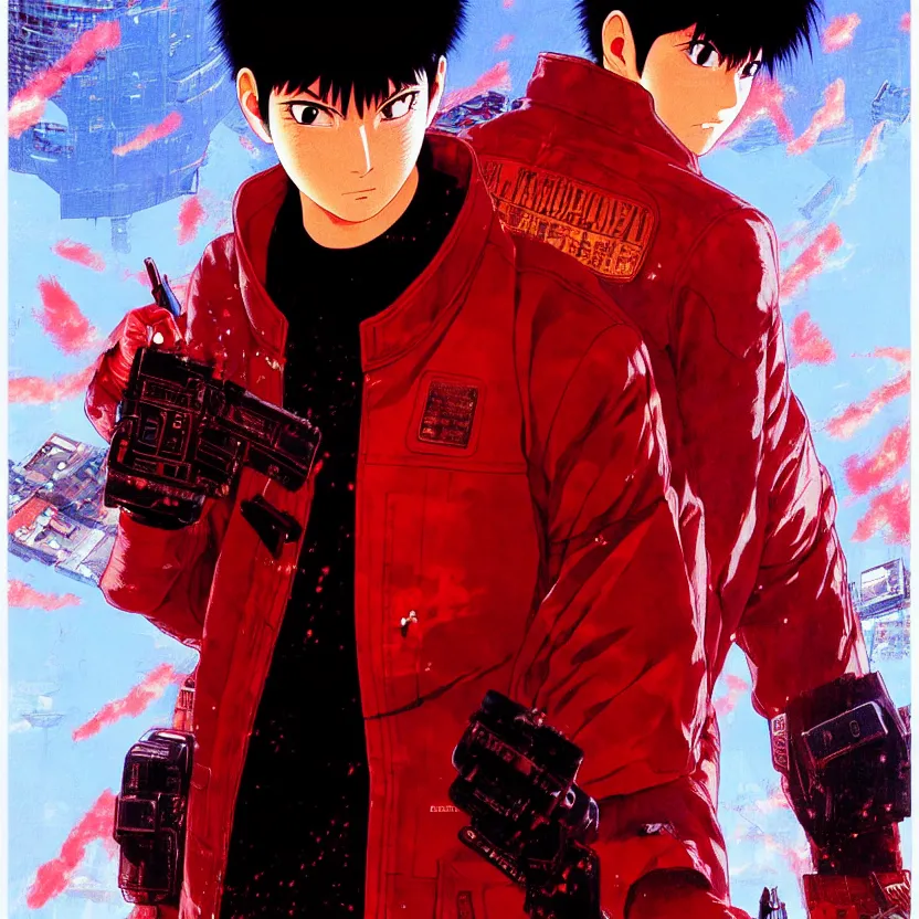 Image similar to portrait of kaneda with jacket from akira | anime, matte painting, perfect detailed face anime art, dystopian megacity neo - tokyo akira, shaded perfect, fine details. realistic shaded lighting anime manga artwork by katsuhiro otomo, akira, artgerm, jeremy lipkin and michael garmash and rob rey