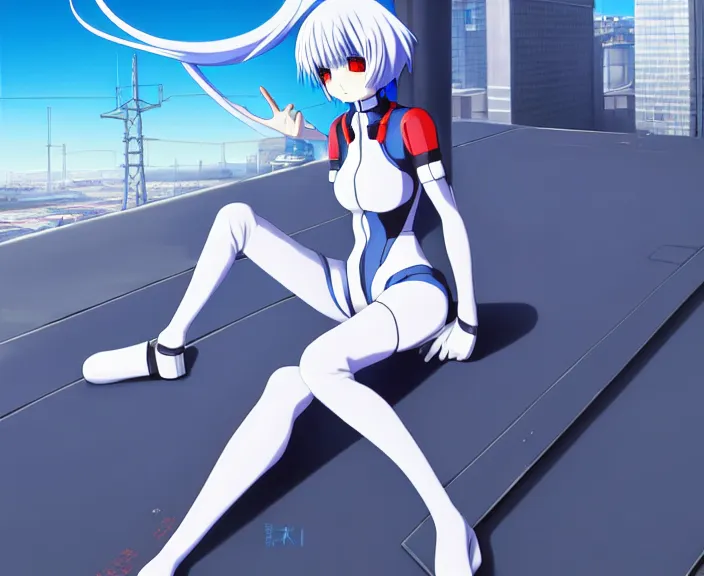 Image similar to anime art, fullbody shot of female rei ayanami, evangelion, long blue hair and large eyes, finely detailed perfect face, in a pale skintight plugsuit, sitting on rooftop, flooded city, trending on pixiv fanbox, by ilya kuvshinov, sola digital arts,, raytracing