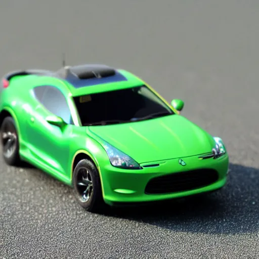 Prompt: a red haired woman driving a Jada toys mitsubishi eclipse green diecast car, high resolution macro photo