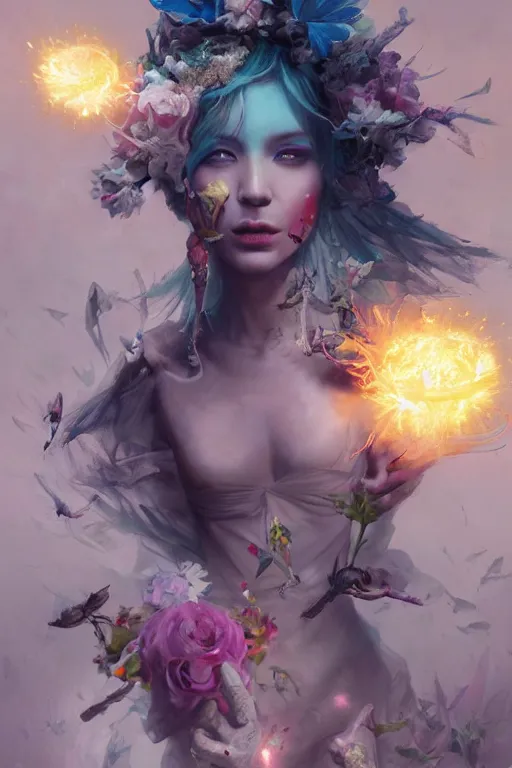 Image similar to beautiful girl necromancer, witch - doctor exploding into flowers, angels, 3 d render, hyper - realistic detailed portrait, holding electricity and birds, ruan jia, wlop. scifi, fantasy, hyper detailed, octane render, concept art, peter mohrbacher