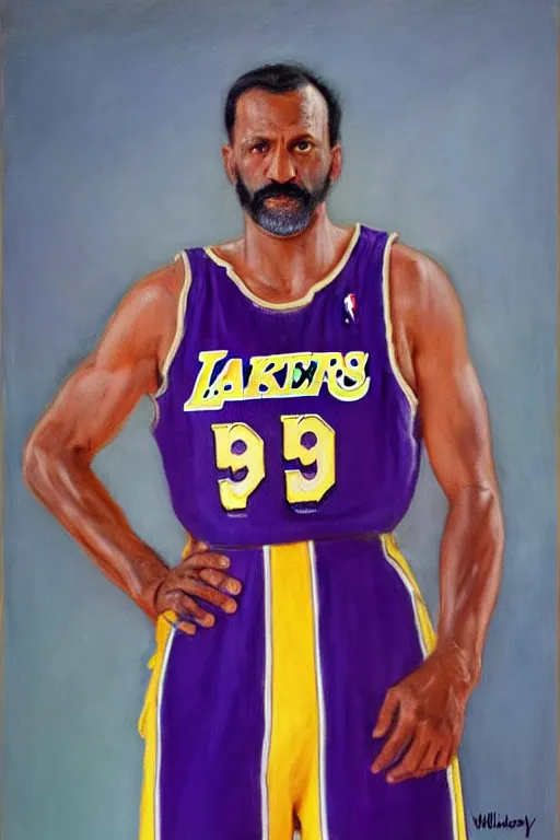 Image similar to full body portrait of the dictator of the los angeles lakers, 1 9 5 5, in full military garb, oil on canvas by william sidney mount, trending on artstation