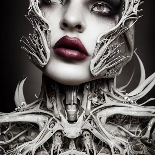 Prompt: a female model by stefan geselle and nekro borja, photorealistic, biomechanical, intricate details, hyper realistic, ornate headpiece, dark beauty, photorealistic, canon r 3, photography, wide shot, photography, dark beauty, symmetrical features
