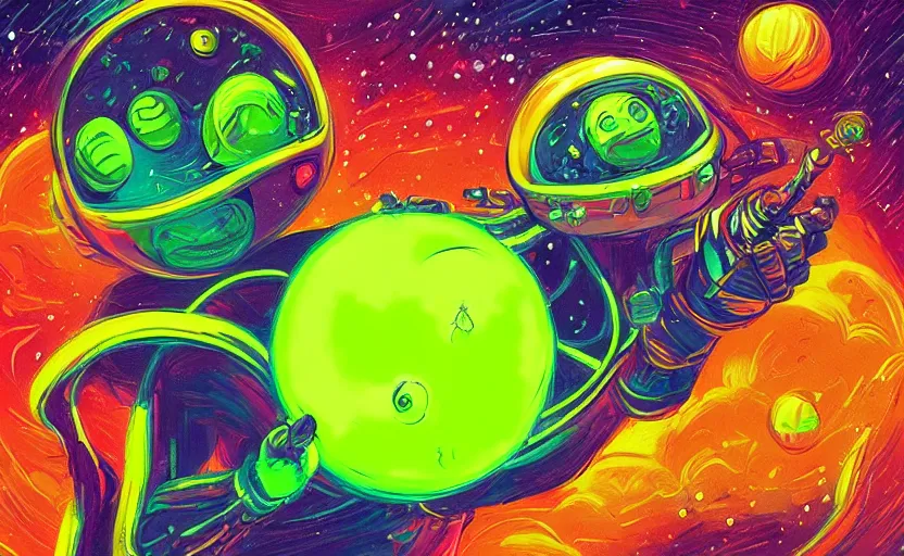 Image similar to alien tennis ball monsters in space, colorful neon, digital art, fantasy, magic, chalk, trending on artstation, ultra detailed, professional illustration by basil gogos