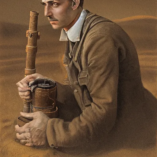 Prompt: a detailed photorealistic sepia - toned color portrait painting of a 1 9 1 7 worried clean - shaven british lieutenant in field gear in north arabia examining an ancient clay cylinder ultra realistic, intricate details, atmospheric, dark, horror, brooding, highly detailed, by clyde caldwell