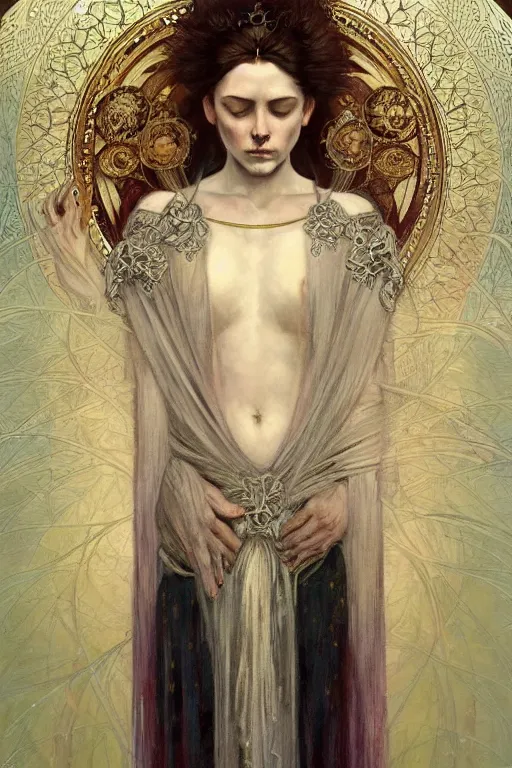 Image similar to a full body portrait of a beautiful ethereal delicate icelandic mage queen meditative sacral pose catholic stages of the cross, intricate, elegant, highly detailed, digital painting, artstation, concept art, smooth, sharp focus, illustration, art by krenz cushart and artem demura and alphonse mucha