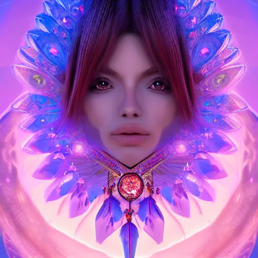 Image similar to portrait highly detailed beautiful symmetrical face high priestess intricate elegant detailed crystal jewellery with tribal feathers, lush colourful volumetric lighting, anime digital painting, concept art, smooth, sharp focus 3 d, divine realm of gods, realistic cinematic style, octane render, photographic, unreal engine 8 k