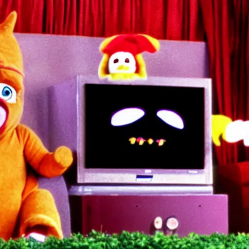 Prompt: teletubby with scary movie on his tv