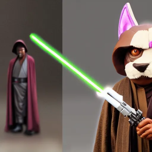 Image similar to mace windu from star wars fighting a with dressed as a furry, 4 k, hyper realistic, dslr, high resolution, landscape, beautiful