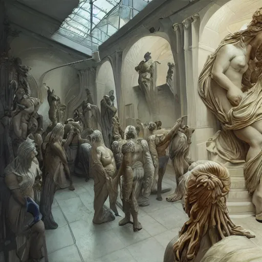 Prompt: inside of a greek sculpture atelier, digital painting, artstation, concept art, donato giancola, Joseph Christian Leyendecker, WLOP, Boris Vallejo, Breathtaking, 8k resolution, extremely detailed, beautiful, establishing shot, artistic, hyperrealistic, octane render, cinematic lighting, dramatic lighting, masterpiece, light brazen, extremely detailed and beautiful face