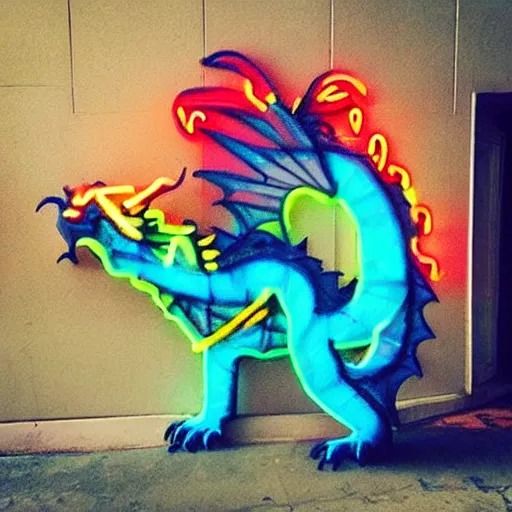 Prompt: “fire breathing dragon, neon graffiti, vivid colours”