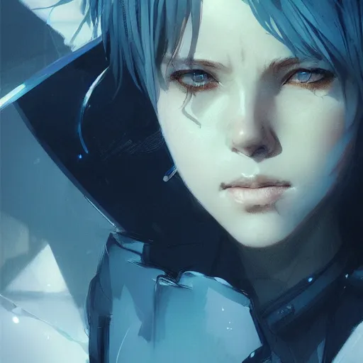 Image similar to realistic portrait of Sinon from sword art online, short blue hair, dramatic lighting, illustration by Greg rutkowski, yoji shinkawa, 4k, digital art, concept art, trending on artstation