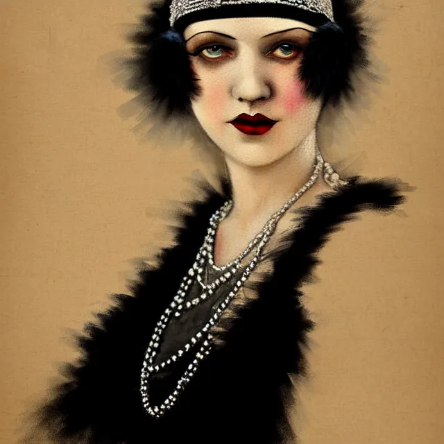 Prompt: 1 9 2 0 s woman in a flapper photo portrait, atmospheric lighting, painted, intricate, ultra detailed, well composed, best on artstation, cgsociety, epic, stunning, gorgeous, intricate detail, wow, masterpiece, by dave dorman