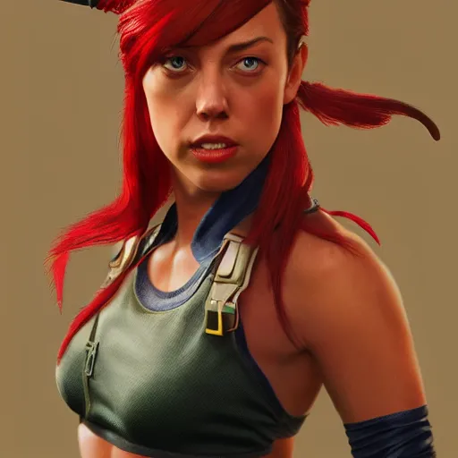 Image similar to aubrey plaza as cammy street fighter, long blonde hair, ultra realistic, concept art, intricate details, highly detailed, photorealistic, octane render, 8 k, unreal engine, art by frank frazetta, simon bisley, brom