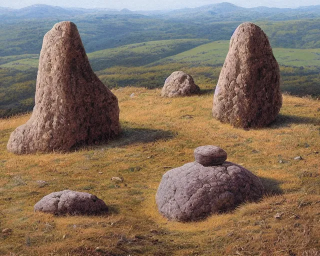 Image similar to a high hill landscape with a circle of large stones in the shape of a finger on the top, by ted nasmith