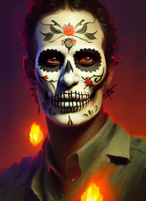 Image similar to portrait of dia de muertos as rick grimes, extremely detailed digital painting, in the style of fenghua zhong and ruan jia and jeremy lipking and peter mohrbacher, mystical colors, rim light, beautiful lighting, 8 k, stunning scene, raytracing, octane, trending on artstation