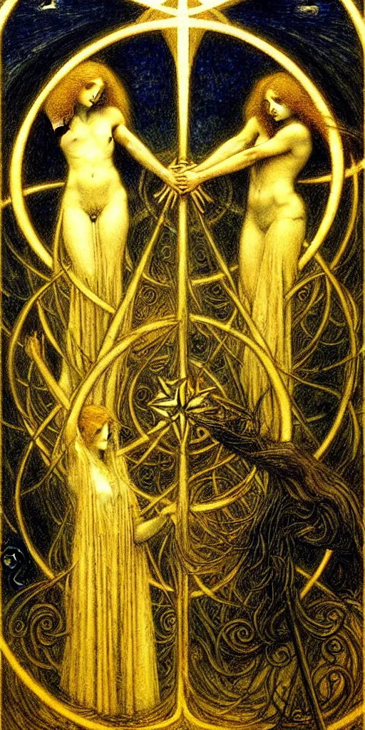 Prompt: a painting of nine of pentacles tarot card by gustav moreau and jean delville