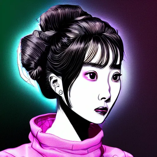 Prompt: korean audrey hepburn, detailed cyberpunk vaporwave portrait by tim doyle, trending on artstation