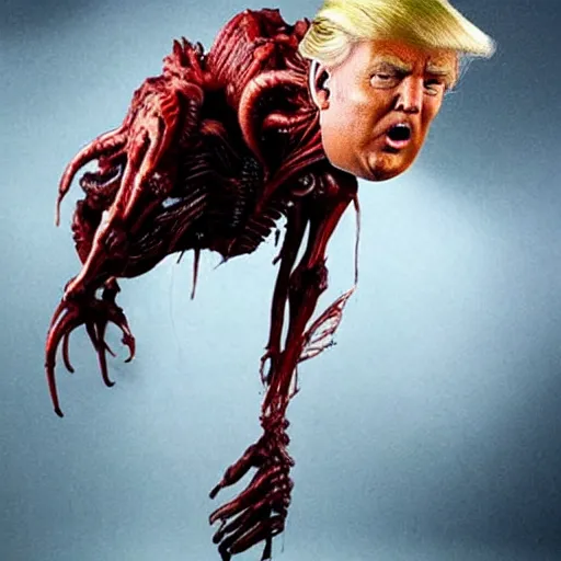 Prompt: Donald trump sliced in half by xenomorph alien. Big budget sci-fi film. Horror film. Scary.