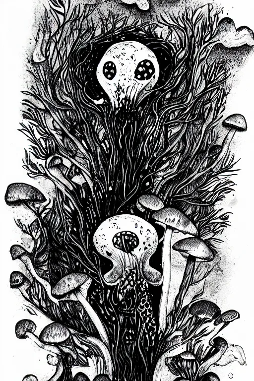 Prompt: black and white illustration, creative design, body horror, mushroom man