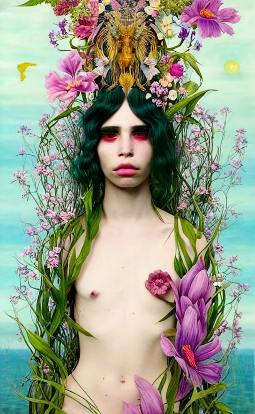 Image similar to the non-binary deity of Spring, 1 figure only, looks a blend of Grimes, Lana Del Rey, Aurora Aksnes, and Zoë Kravitz, it is made entirely out of flora and fauna, in a style combining Botticelli, Möbius and Æon Flux, surrealism, stunningly detailed artwork, hyper photorealistic 4K, stunning gradient colors, very fine inking lines