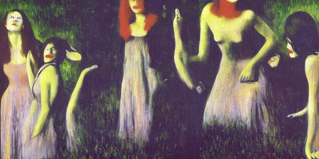 Image similar to a film still of suspiria by dario argento 1 9 7 7 movie, painted by georges seurat, by manet, impressionism, pointillism, high quality, detailed, print!, poster,