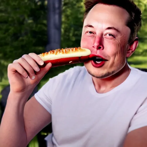 Image similar to Elon Musk eating a hotdog, hyper realistic, HD, HQ, photo realistic