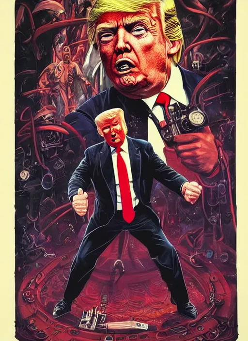 Image similar to donald trump as the villain, slasher film, grotesque, horror, high details, intricate details, by vincent di fate, artgerm julie bell beeple, 80s, inking, vintage 80s print, screen print