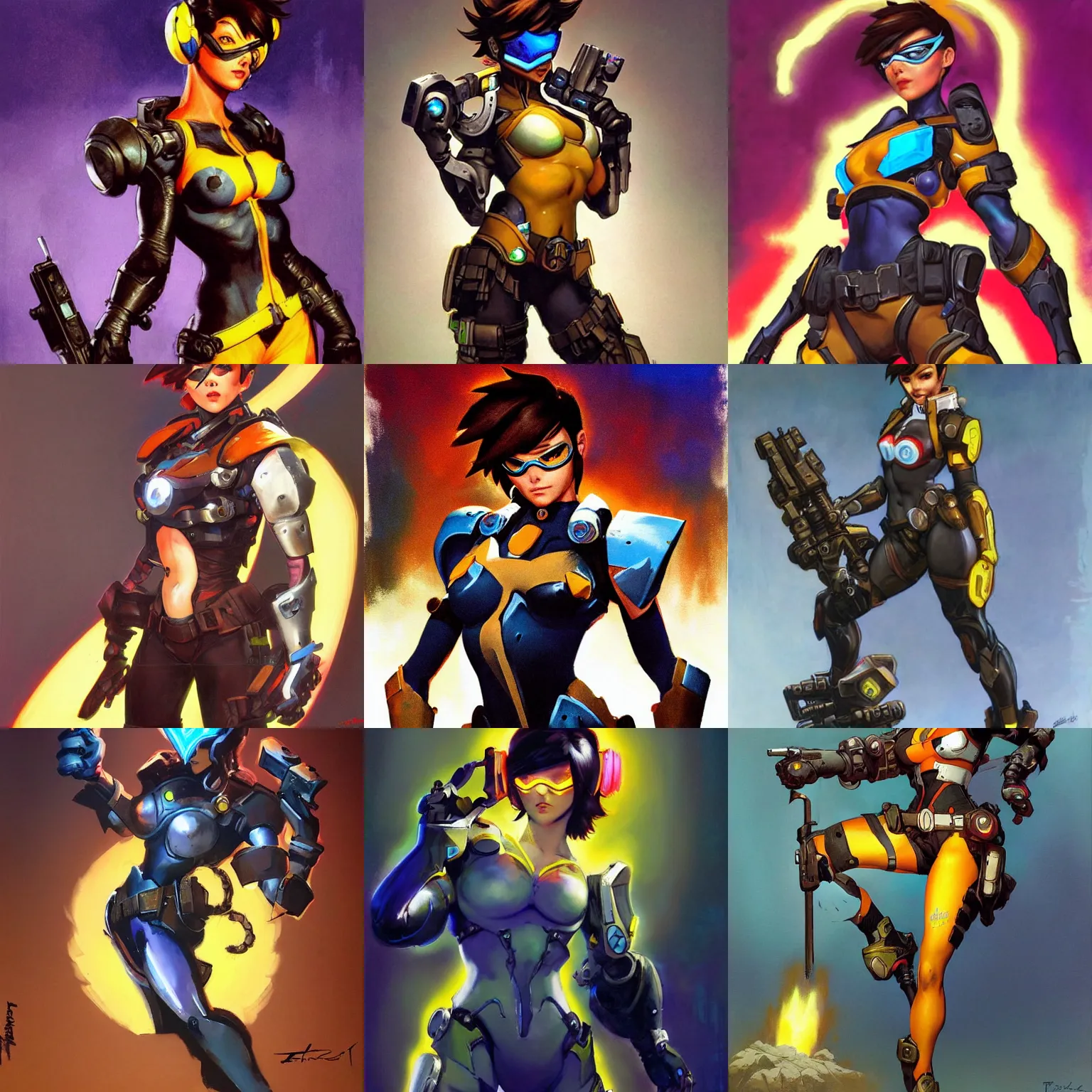 Prompt: tracer from overwatch beautiful! coherent! by frank frazetta, by brom, strong line, vivid neon color, shining metal power armor, iron helm, high contrast, maximalist