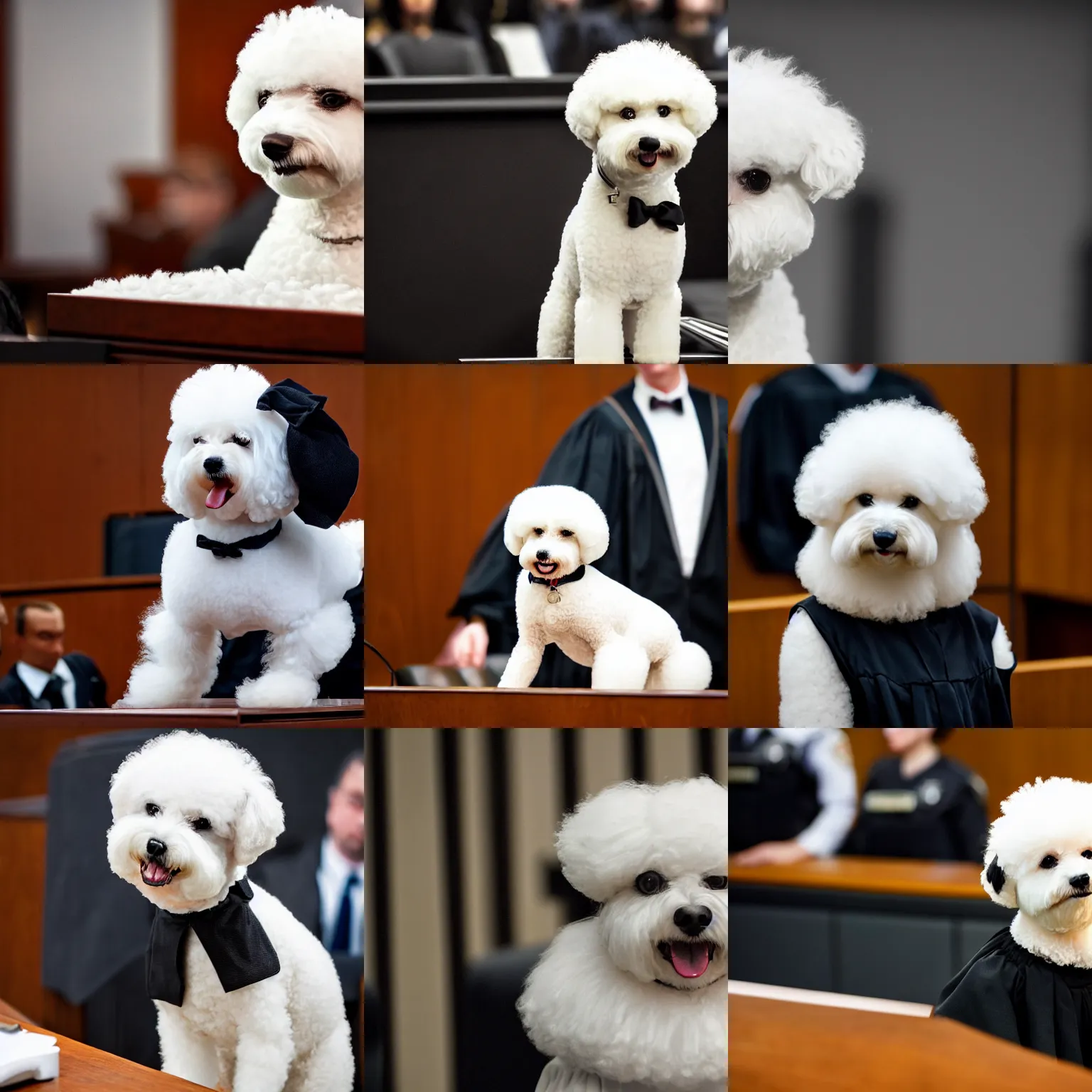 Prompt: a closeup photorealistic photograph of a cute smiling white bichon frise judge wearing a black gown and speaking to the courtroom. this 4 k hd image is trending on artstation, featured on behance, well - rendered, extra crisp, features intricate detail, epic composition and the style of unreal engine.