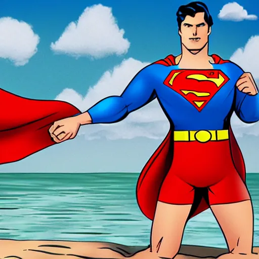 Prompt: superman taking a bath at the beach wearing trunks , realistic