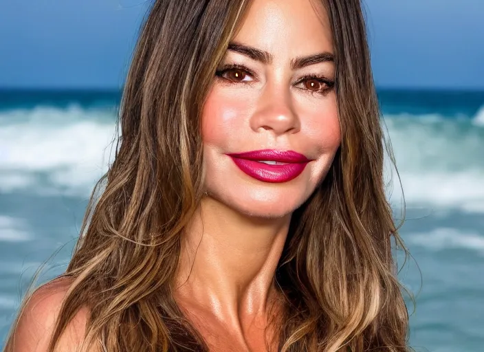 Image similar to close up portrait photograph of Sofia Vergara!!! sunbathed skin, symmetric face!!! with deep green ((Symmetric round eyes!!! )) . Wavy long hair. she looks directly at the camera. Slightly open mouth, face takes up half of the photo. an ocean visible in the background. 55mm nikon. Intricate.