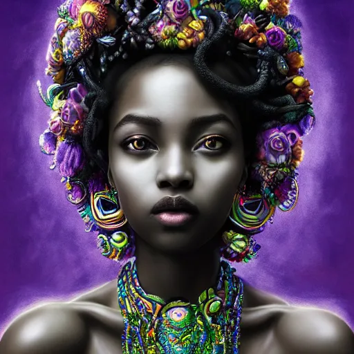 Prompt: the portrait of the absurdly beautiful, graceful, elegant, gorgeous, sensual young black girl goddess made of rainbow soul spirit, an ultrafine hyperdetailed photograph by kim jung gi, irakli nadar, intricate linework, ultra bright colors, octopath traveler, final fantasy, unreal engine 5 highly rendered, global illumination, radiant light, intricate environment