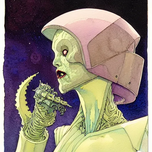 Prompt: a simple and atmospheric watercolour portrait of a pulp sci - fi alien queen, very muted colors, by rebecca guay, michael kaluta, charles vess and jean moebius giraud