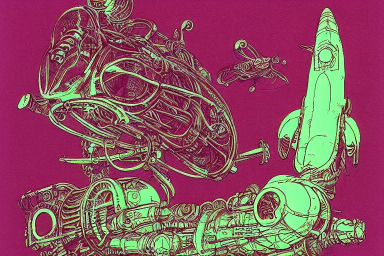 Image similar to risograph artwork of a biomechanical submarine underwater by Moebius and Alex Ross, intricately deteailed, trending on artstation