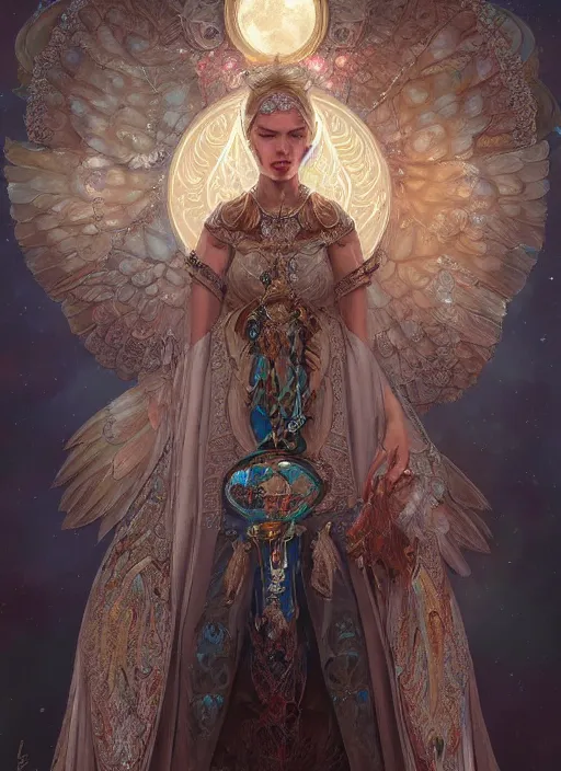 Image similar to A beautiful digital painting of a female Seraphim full of jewels, princess, the moon behind her, intricate, cinematic lighting, highly detailed, digital painting, Artstation, concept art, smooth, sharp focus, illustration, art by Tom Bagshaw, Artgerm and Greg Rutkowski