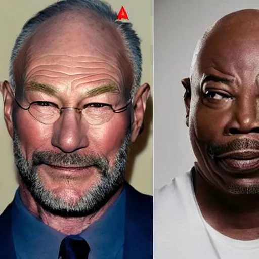 Image similar to a man who is a genetic combination of patrick stewart and jonathan frakes and levar burton and michael dorn and brent spiner, face and upper - body focus, detailed eyes