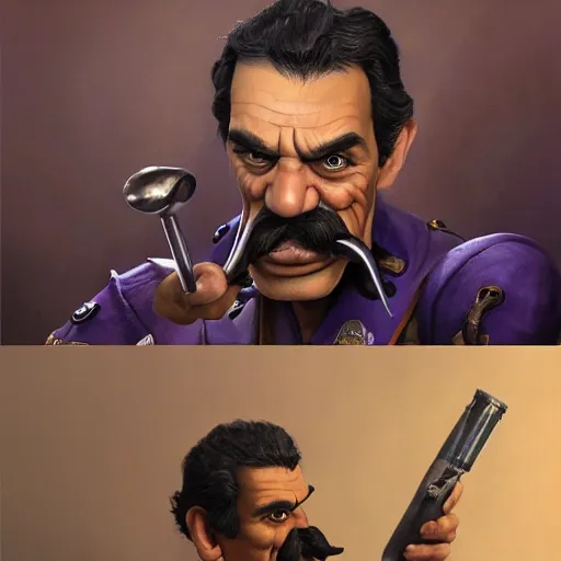 Prompt: beautifully rendered, masterpiece, caricature, claymation, luis guzman as waluigi, painted by tom lovell, wlop, artgerm, dishonored 2,