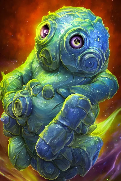 Image similar to 2 d glowing tardigarde, cute tardigrade, blizzard warcraft artwork, hearthstone card artwork oil painting by jan van eyck, northern renaissance art, oil on canvas, wet - on - wet technique, realistic, expressive emotions, intricate textures, illusionistic detail