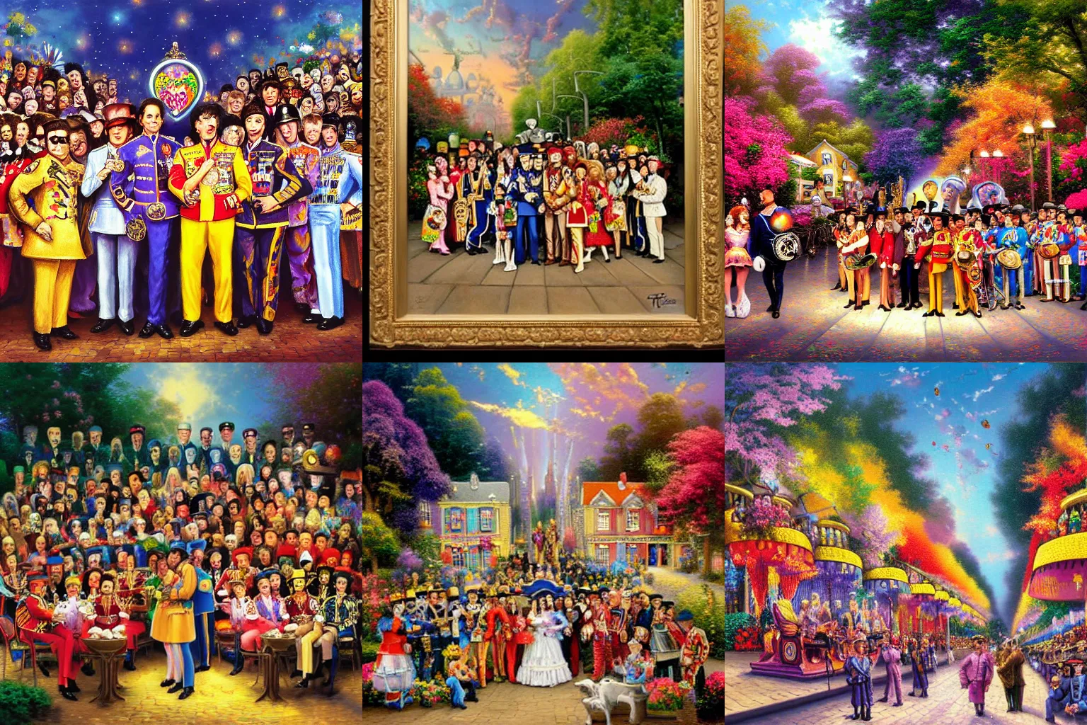 Prompt: Sgt Pepper's Lonely Hearts Club Band, painting by Thomas Kinkade