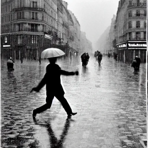 Image similar to the man leaping with an umbrella in a raining paris street, by henri cartier bresson,