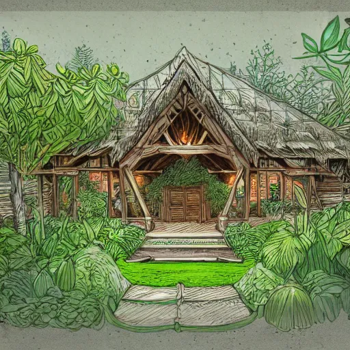 Image similar to annotated highly, detailed and intricate, sketch of a lodge full of green plants, marker concept art style rendering, concept art, half blueprint, trending on artstation, intricate details, center frame, annotations