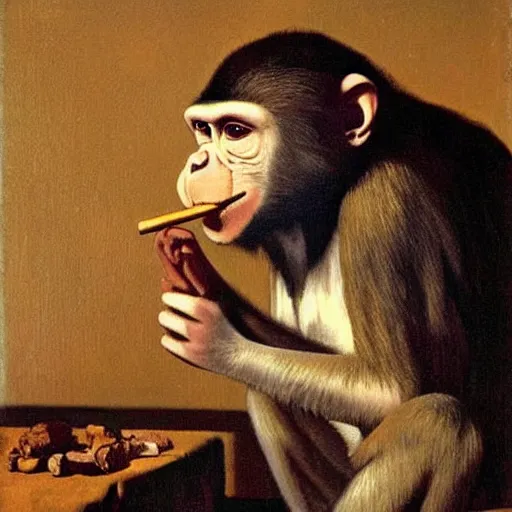 Image similar to Monkey with a cigar in his mouth and smoke coming out, oil on canvas, by Johannes Vermeer