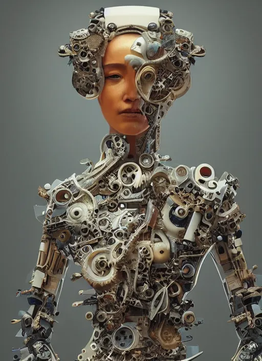 Prompt: portrait of a futuristic geisha cyborg, made from mechanical parts, kintsugi, modern fine art, fractal, intricate, elegant, highly detailed, digital photography, subsurface scattering, in the style of ghost, by jheronimus bosch and greg rutkowski,