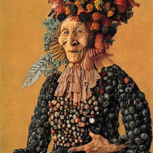 Prompt: a portrait of a old woman by arcimboldo.