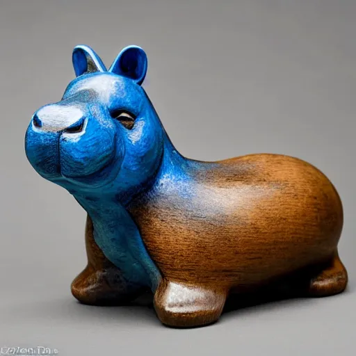 Image similar to a small smooth hippo statue carved from natural wood, dipped in polished blue ceramic, half and half, mixed media, side view