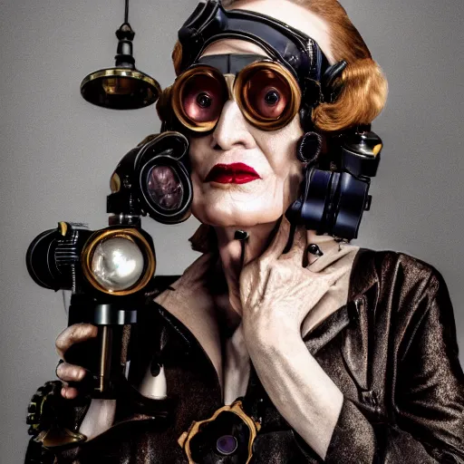 Image similar to dslr photo portrait still ofa young marlene dietrich wearing steampunk goggles, 8 5 mm, f 1. 8, photorealistic, 4 k, octane render, by wayne barlow,