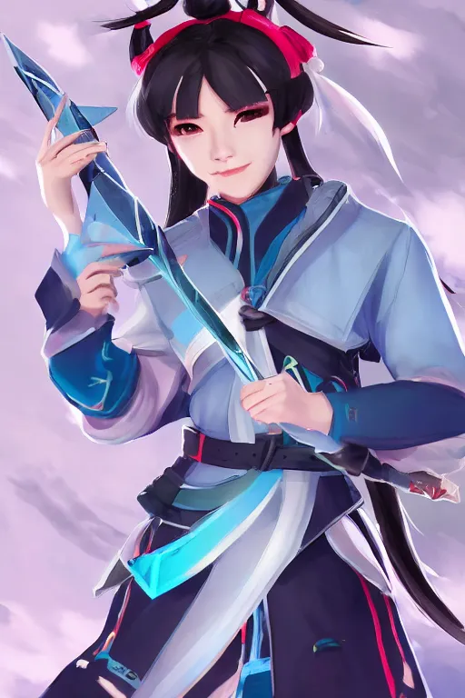 Prompt: a south korean female from paladins, white ponytail hair, she is holding a kunai, wearing light blue jacket, highly detailed digital art, character design, masterpiece