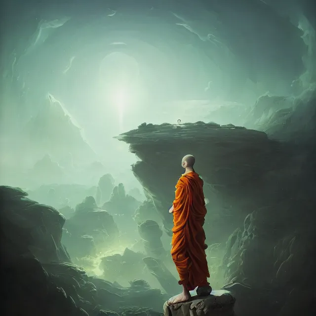 Image similar to in the style of peter mohrbacher, a glowing monk floating and meditating on a rock, dystopian landscape, intricate, masterpiece, award winning, fantasy, hyperrealism intricate