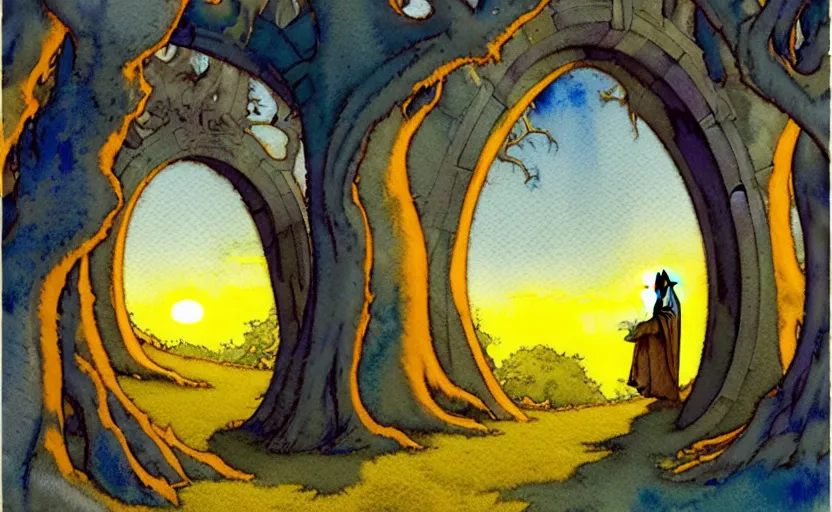 Image similar to a hyperrealist watercolor concept art of a bright blue sunny day. a dimensional portal in the shape of a tree arch is in the background and a medieval monk in grey robes is in the foreground. an orange sunset is seen through the portal. very muted colors, by rebecca guay, michael kaluta, charles vess. high detail, hq, wide shot, 4 k